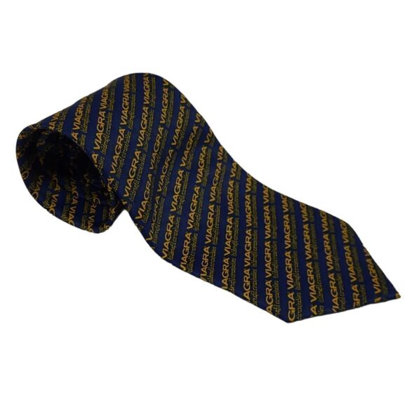 VI AGRA blue and‎ yellow logo print spellout novelty tie - Picture 1 of 4